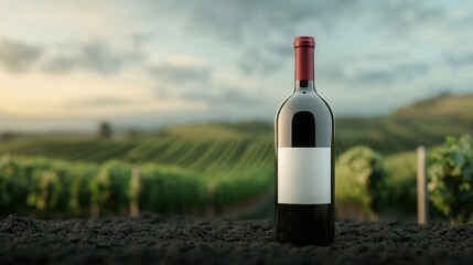 Fototapeta premium Organic wine bottle, with vineyard background, 3D illustration