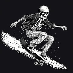 Skeleton skateboarding in urban setting during clear night