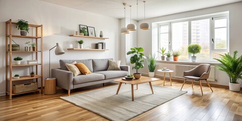Naklejka premium minimalist, furniture, calming, atmosphere, apartment, Cozy minimalist furniture fills the apartment creating a calming and inviting atmosphere