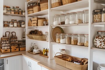 Organized kitchen pantry with glass jars and woven baskets on white shelves, featuring a minimalist aesthetic