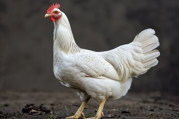 A close-up photograph of a white chicken standing on dirt with its feathers fluffed, showcasing its natural majesty and intricate plumage details