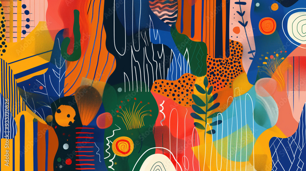 Poster vibrant abstract art composition with bold colors and various geometric shapes and patterns. concept