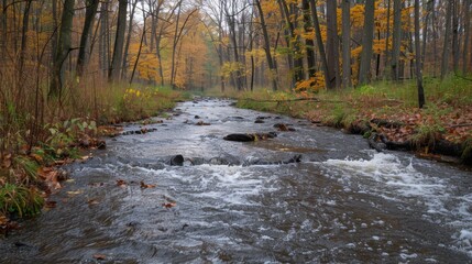 A serene forest stream flows gently through a dense woodland, surrounded by autumn foliage with vibrant colors, offering a tranquil and picturesque natural scene