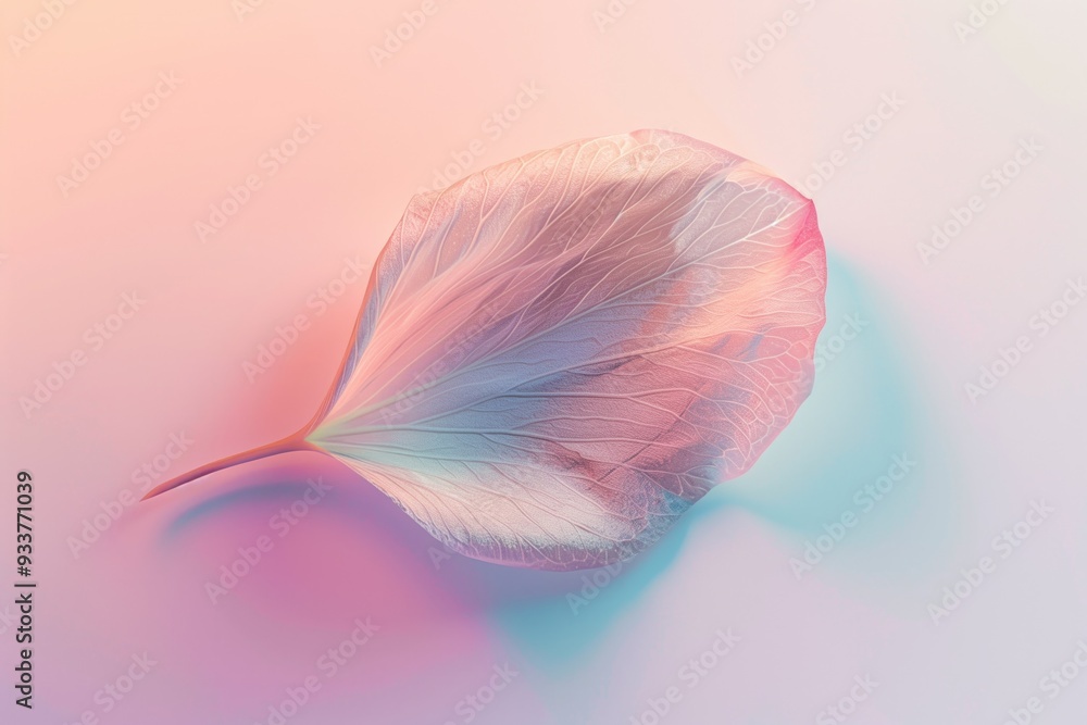 Poster delicate pastel-colored leaf with intricate veins set against a gradient background. concepts of nat