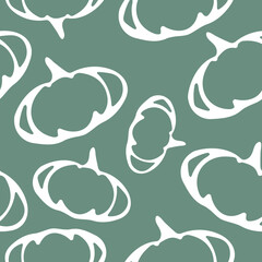 seamless autumn pattern with oval pumpkins drawn with a white outline placed randomly on a blue background, vector