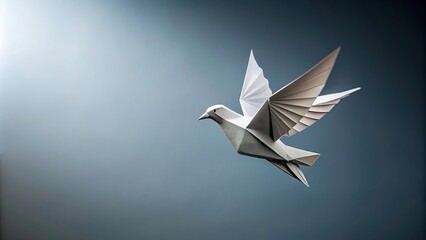 Pigeon flying origami craft toy captured at a tilted angle, precision, minimalist, paper, shadow, delicate, tilt, perspective, handmade, pigeon, hobby, craft, angle, close-up, concept