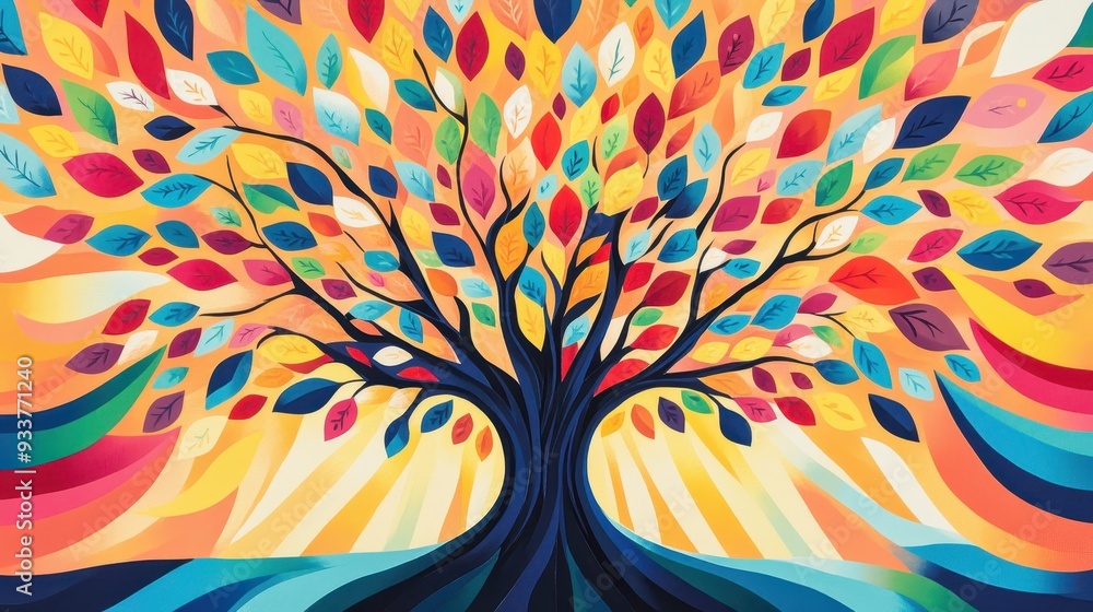Poster Colorful abstract tree painting with vibrant leaves and dynamic patterns, offering a lively and artistic representation of nature.