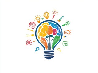 Colorful brain in lightbulb concept with icons symbolizing creative ideas, research, knowledge, and innovation on white background.