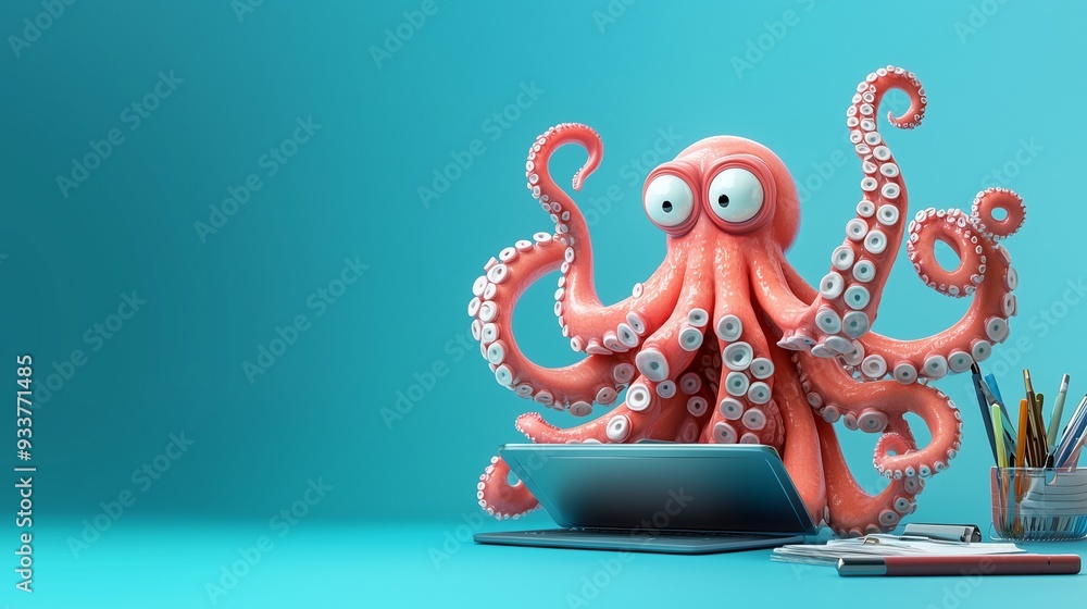 Poster an octopus using a laptop symbolizes multitasking and productivity. main objects: octopus, laptop, d