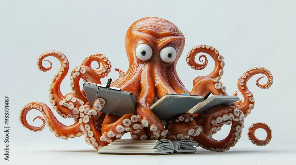 Poster an octopus juggling multiple tasks, symbolizing multitasking skills with books and gadgets.
