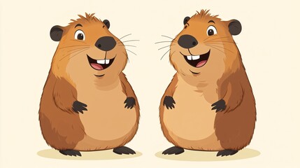 Fototapeta premium Cute cartoon capybaras with fun, exaggerated features on a light background