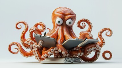 Obraz premium An octopus juggling multiple tasks, symbolizing multitasking skills with books and gadgets.