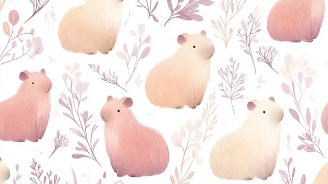 Playful capybaras in a repeating pattern with whimsical designs and soft gradient colors