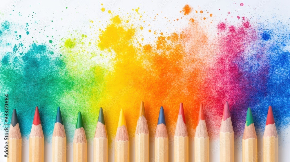 Leinwandbilder colorful set of sharpened pencils beneath a vibrant splash of multicolored powder, creating a vivid 
