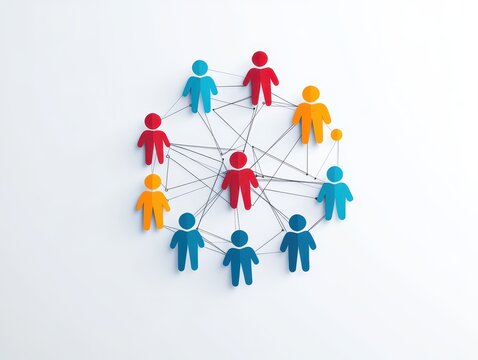 Colorful paper cut human figures connected by lines on white background, representing social network and teamwork concepts.
