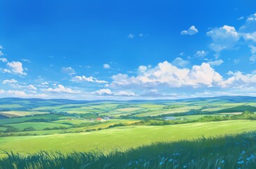 Obraz premium Expansive Prairie Field Under a Blue Sky with White Clouds, Evoking a Sense of Freedom and Natural Serenity