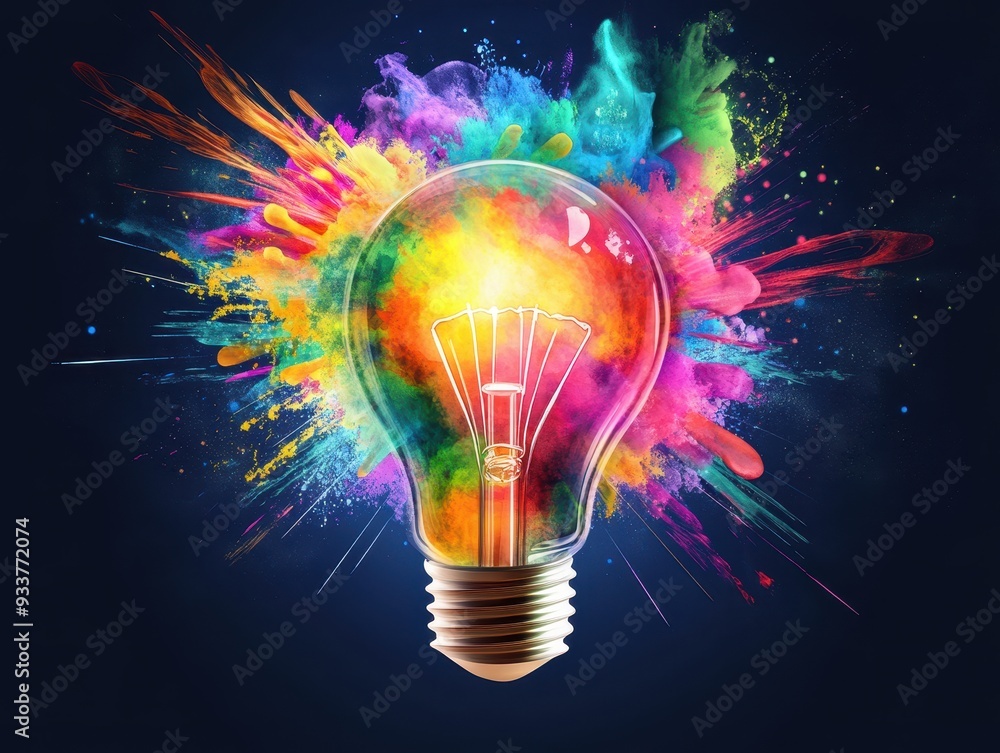 Poster creative light bulb with vibrant splashes of colorful paint on a dark background, symbolizing innova