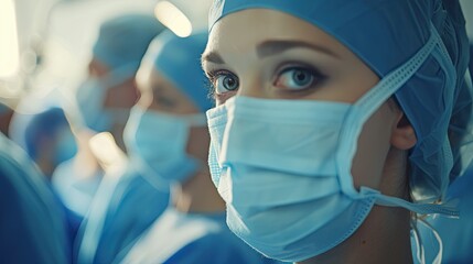 A female medic wearing a medical mask and overalls. A team of specialists at the workplace. Professional. Illustration for cover, card, postcard, interior design, poster, brochure or presentation.