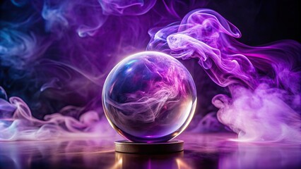 Crystal ball with purple smoke swirling inside at a tilted angle, mystical, witchcraft, fantasy, future, glass sphere, occult, magic, enchantment, mystical, prediction, spiritual, supernatural