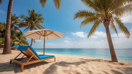 Beach Lounger Under Palm Trees with White Umbrella
