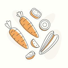 Set of doodle outline carrot with spots Whole pieces and leaves Vector illustration for packing (2)