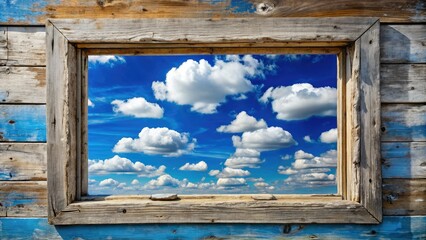 Soft, white clouds drift lazily across a bright blue sky, framed by a rustic, wooden window frame with worn, peeling white paint.