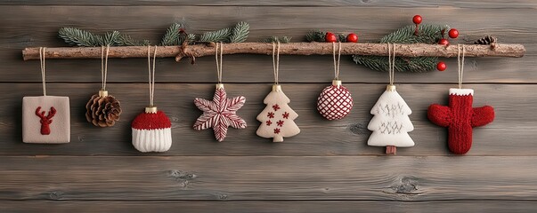 Handmade felt ornaments with detailed stitching and colorful patterns, rustic holiday setting, photo realistic, artisan seasonal crafts