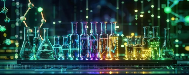 Illuminated neon test tubes in blue and purple hues, neon lab equipment, eyecatching cyberpunk lab scene