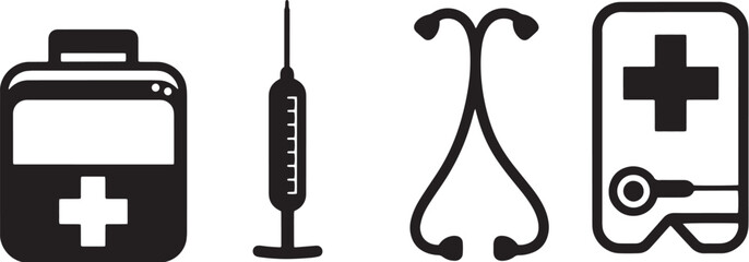 Obraz premium A minimalist vector icon set featuring a first aid kit, thermometer, medical cross, and blood pressure monitor
