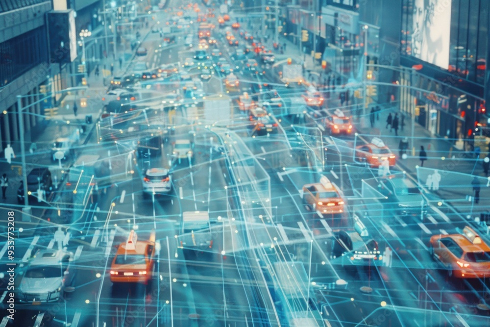 Poster urban traffic scene with digital overlays representing connectivity and data flow in a busy city env