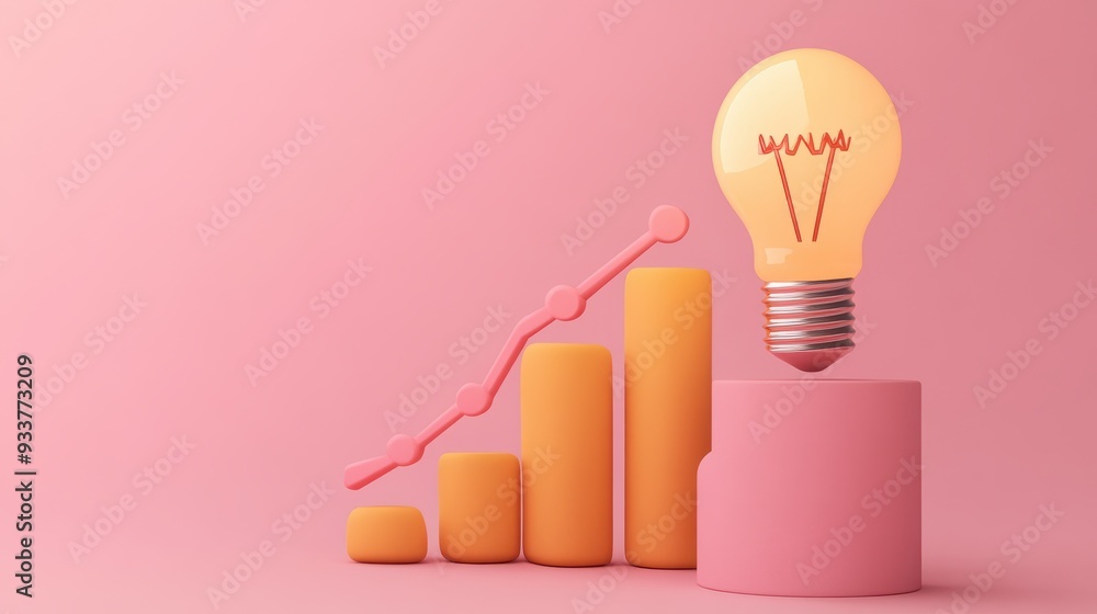 Poster a 3d illustration of a glowing light bulb and an ascending bar graph on a pink background, represent