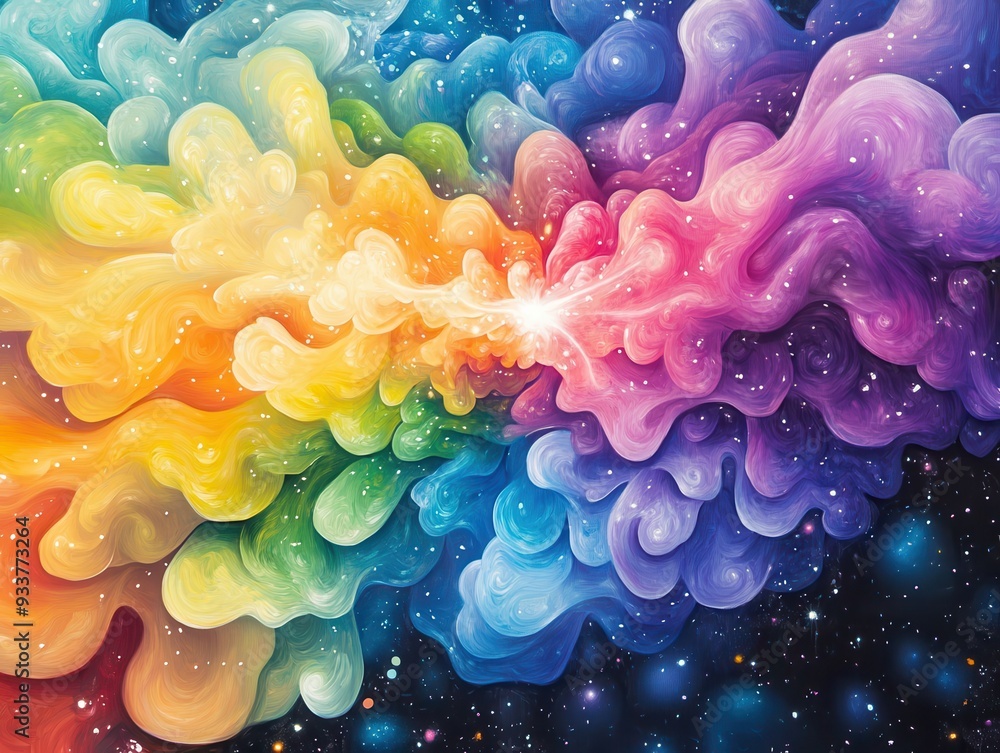Poster vibrant abstract painting featuring a burst of colorful clouds blending into a starry sky, perfect f