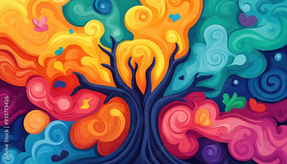 Poster Vibrant abstract painting showcasing a colorful tree with swirling leaves in a mesmerizing blend of colors, creating a lively and dynamic artwork.