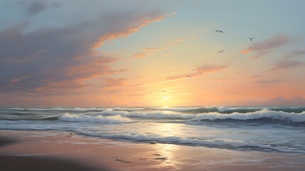 Fototapeta premium Sunset of a pristine beach at sunrise with gentle waves and seagulls.