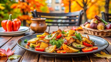 Plato de verduras asadas con calabac&iacute;n, pimientos y papas sobre una mesa de madera al aire libre, con un paisaje oto&ntilde;al lleno de hojas y colores c&aacute;lidos.