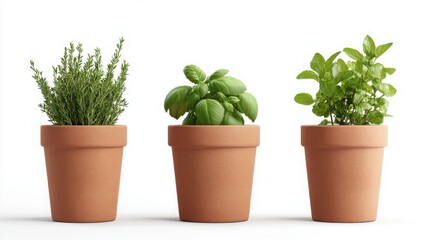 Fototapeta premium Organic herb garden, pots with fresh basil, mint, and rosemary, 3D illustration