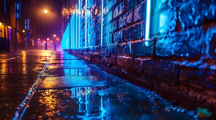 Obraz premium blue neon light on a brick wall at night. 