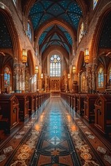 Obraz premium Magnificent interior of an ornate cathedral with intricate stained glass, stunning architectural details, and a beautifully decorated aisle leading to the altar