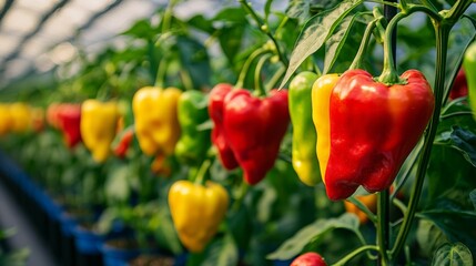 Close-up of vibrant pepper plants in a greenhouse, showcasing rows of colorful fruits hanging from lush green branches
