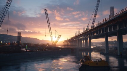 Obraz premium At a riverside construction site, workers are building a bridge using a combination of digital design tools and traditional engineering expertise. 