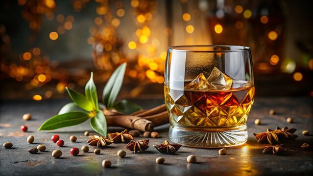 Whisky servido en un vaso con detalles geom&eacute;tricos, rodeado de especias oto&ntilde;ales y hojas secas, con luces brillantes de fondo.