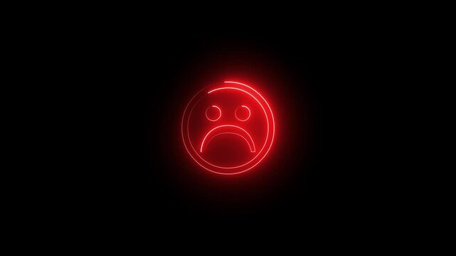 Glowing red neon sadness symbol blinking animation. Sad emoji facial expression icon loop motion graphics video . Abstract unhappy sign animation black background
