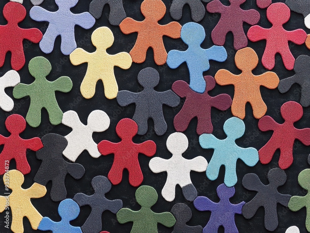Poster A colorful abstract pattern featuring multiple human-like figures in various colors, creating a diverse and playful design on a dark background.
