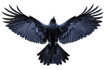 Majestic black raven in mid-flight with wings fully spread against a transparent background. showcasing the elegance of this striking bird.