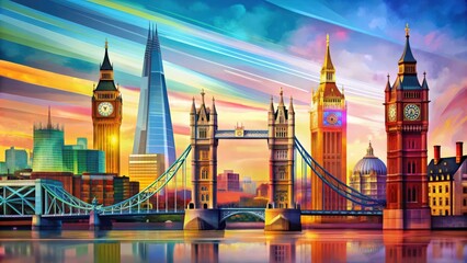 Obraz premium Abstract artistic of iconic London landmarks and symbols on a colorful background, London,art