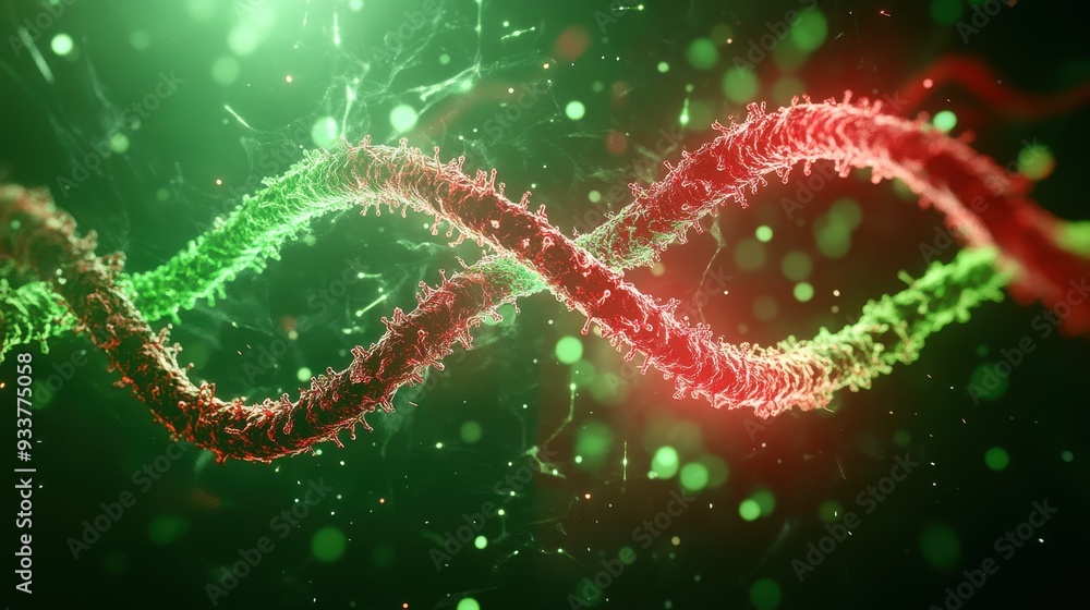 Poster a vibrant ing of a dna double helix with glowing green and red strands surrounded by an abstract bac