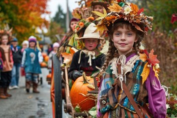 Obraz premium Cozy harvest holiday with pumpkins, warm food, and festive autumn decorations outdoors.