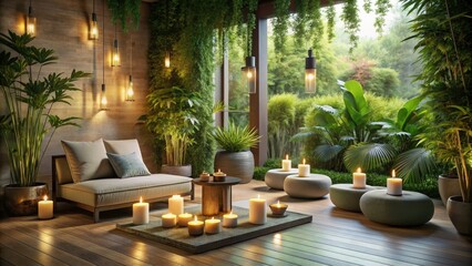 Soothing ambiance of a serene meditation room with candles, essential oils, and a comfortable seating area amidst lush greenery for relaxation and mindfulness.