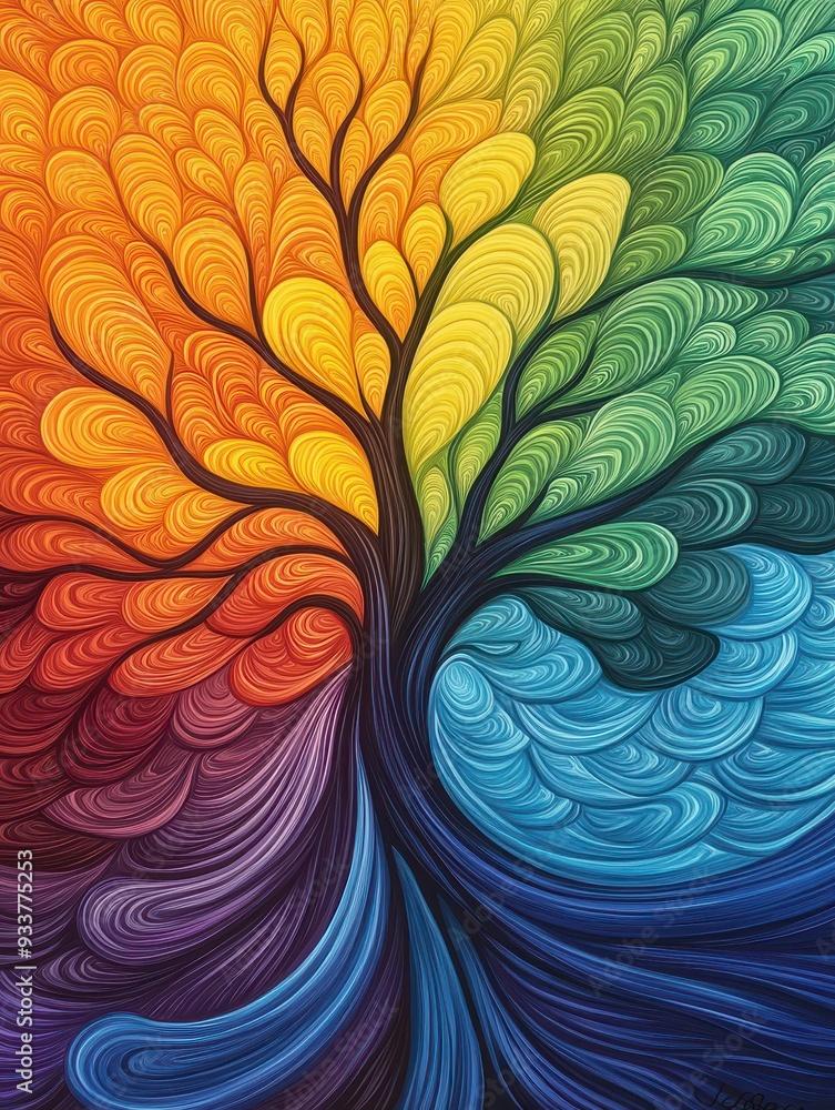 Aufkleber a vibrant artwork featuring a tree with swirling branches in gradient colors, merging into a visuall