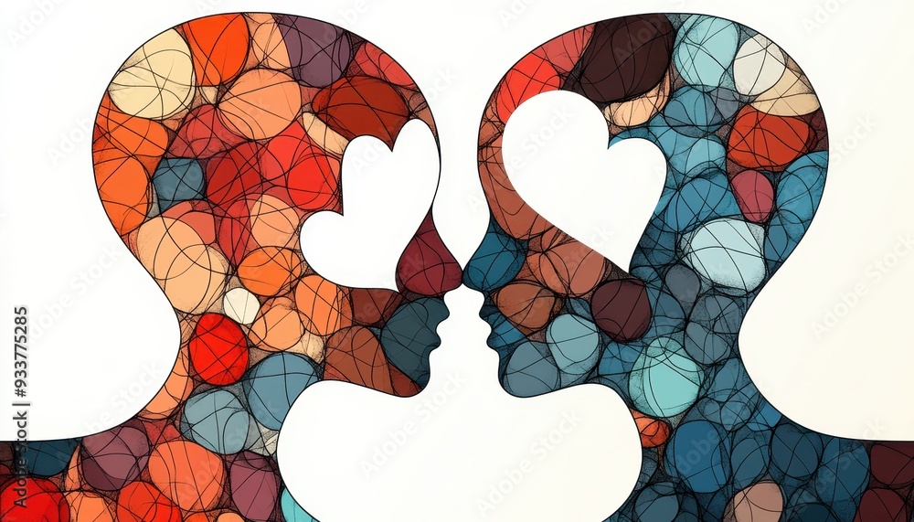 Poster abstract art depicting two human profiles facing each other, filled with colorful geometric patterns